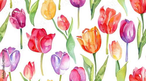 seamless pattern flat watercolor tulips and stems bright vibrant colors