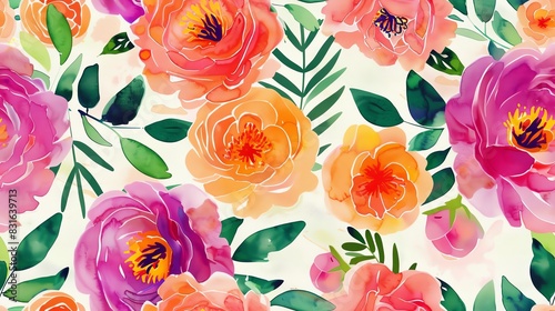 Wallpaper Mural seamless pattern flat watercolor peonies and foliage bright vibrant colors Torontodigital.ca