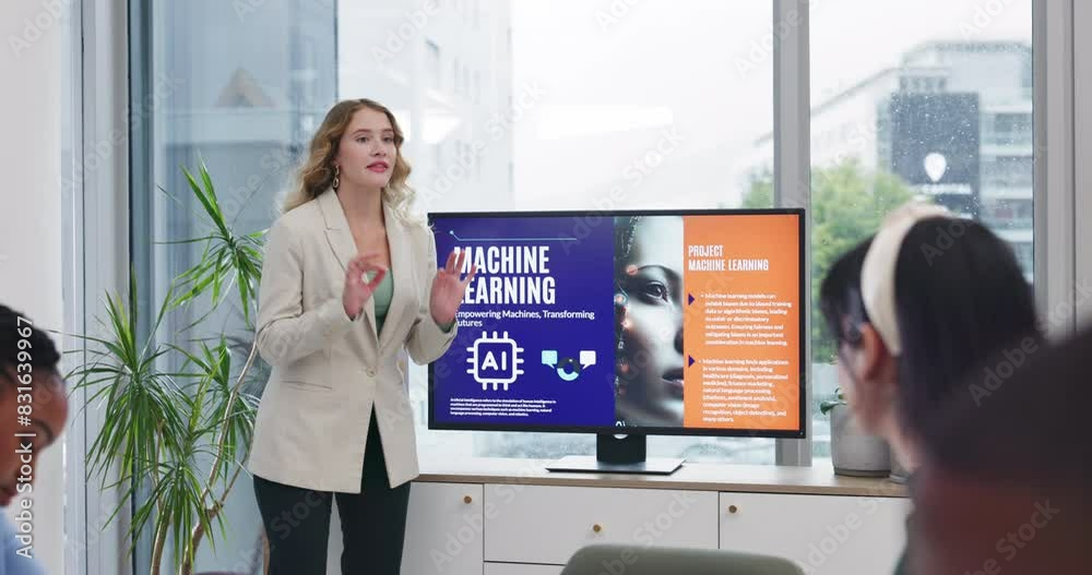 Business people, presentation and woman in meeting, ai and machine learning with info session. Group, coworkers and presenter with corporate training, professional and system development with tech