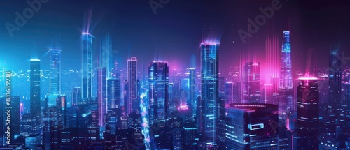 Futuristic cyberpunk skyscrapers colorful pink and blue neon lights color scene