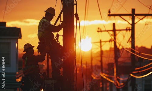 Men working at an electric pole during a sunset