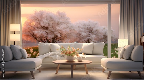 A cozy living room with a decorated wall showcasing a beautiful meadow in spring, comfortable seating, and warm lighting, captured by an HD camera, realistic look.