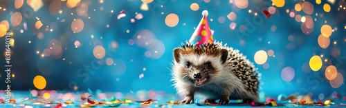 Hedgehog Celebration: Funny Animal with Party Hat on Blue Texture - Ideal for Greeting Cards, Banners, and New Year's Eve Parties photo