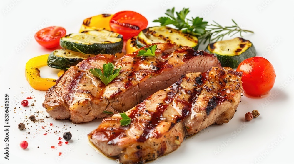 Grilled pork fillet and vegetables on a white backdrop barbecued pork Grilled pork fillet and vegetables on a white backdrop barbecued pork