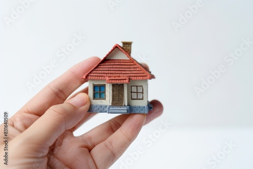 Hand holding small house on white background