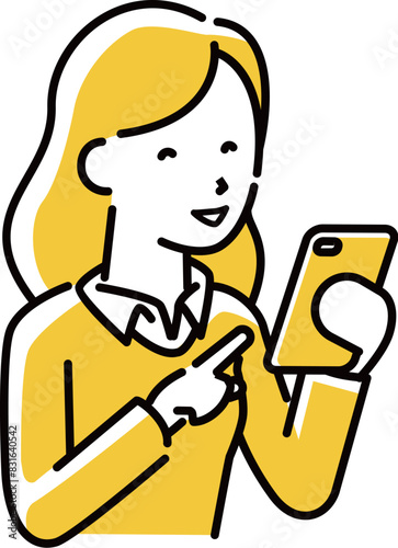定番　伝わる 人物イラスト 笑顔でスマホ操作する　女性　