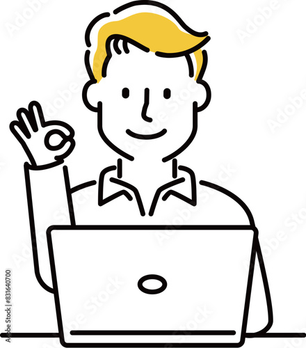 定番　伝わる 人物イラスト　ノーPCの前でOKポーズ　30代40代男性