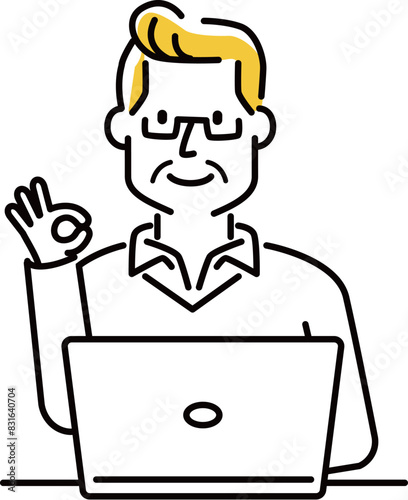 定番　伝わる 人物イラスト　ノーPCの前でOKポーズ　男性　50代60代