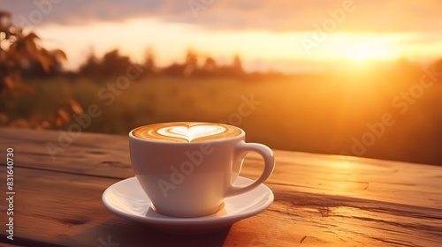 A cup of steaming hot coffee with a latte art heart  placed on a rustic wooden table with a scenic sunset over a rural landscape.