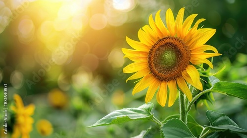 Bright sunflower in lush green field with sunlight