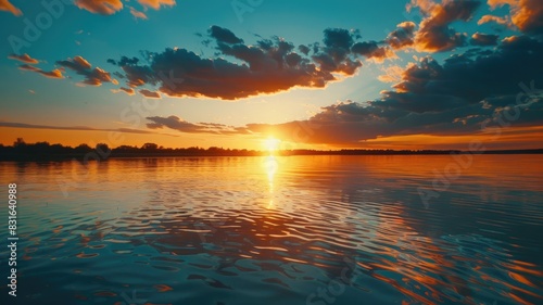 Tranquil sunset over calm lake with vibrant sky