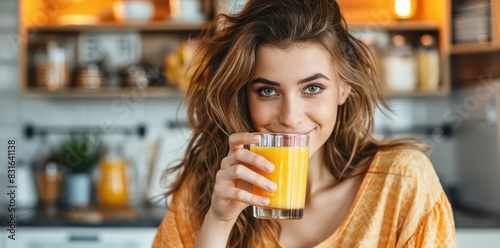 Woman enjoying fresh orange juice in modern kitchen with natural lighting and green plants around her