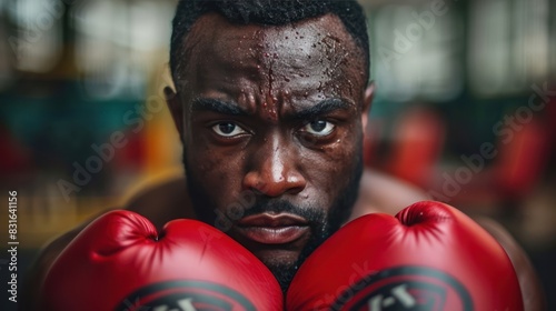 Fit and Strong: Black Male Athlete Wearing Red Boxing Gloves in Gym © hisilly