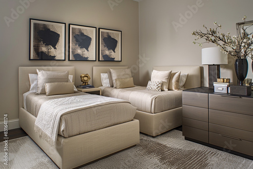 A contemporary bedroom with two sleek beds, neutral-toned linens, bold modern artwork on the wall, and a sleek dresser with a decorative vase.