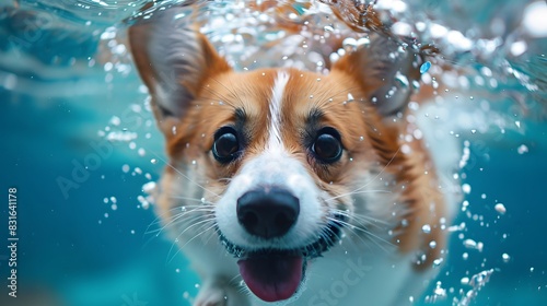 A cute corgi swims in the water, laughing and sticking out its tongue. The background is blue and white, which seems to be an iPhone app-style wallpaper design