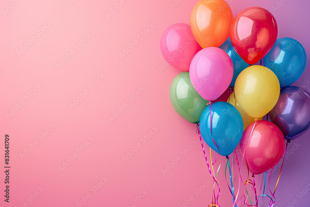 A bunch of colorful balloons are floating in the air above a pink background. The balloons are of various sizes and colors, creating a festive and joyful atmosphere
