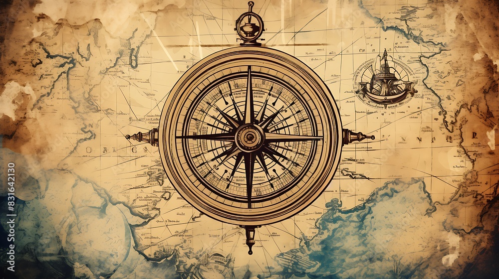 Old sea compass, lighthouse and sea knot on abstract map background. Pirate, explorer, travel and nautical theme grunge background. Retro style Old sea compass, lighthouse and sea knot on abstract map background. Pirate, explorer, travel and nautical theme grunge background. Retro style