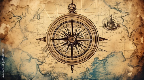 Old sea compass  lighthouse and sea knot on abstract map background. Pirate  explorer  travel and nautical theme grunge background. Retro style 