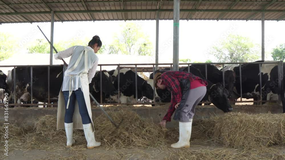 An entrepreneur or a dairy cow business owner is working on a farm,Workers are feeding dairy cows,Farmer takes care of animals An entrepreneur or a dairy cow business owner is working on a farm,Workers are feeding dairy cows,Farmer takes care of animals