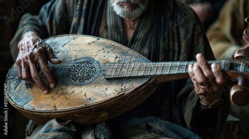 Forgotten Melodies: Elder Musician Clutching Ancient Stringless Instrument in Dim Lighting photo
