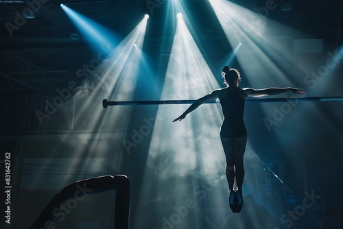 Gymnast performing a breathtaking routine on uneven bars, bathed in a spotlight. photo