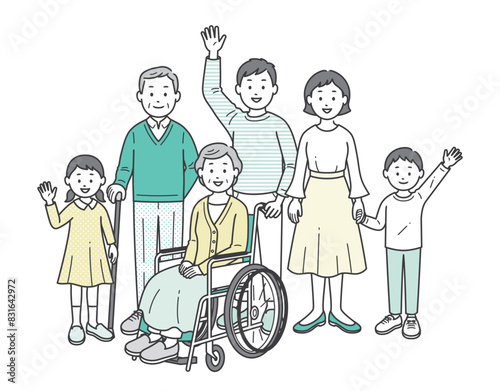 車いすのお婆さんを介助する三世代家族が集合した全身イラスト
