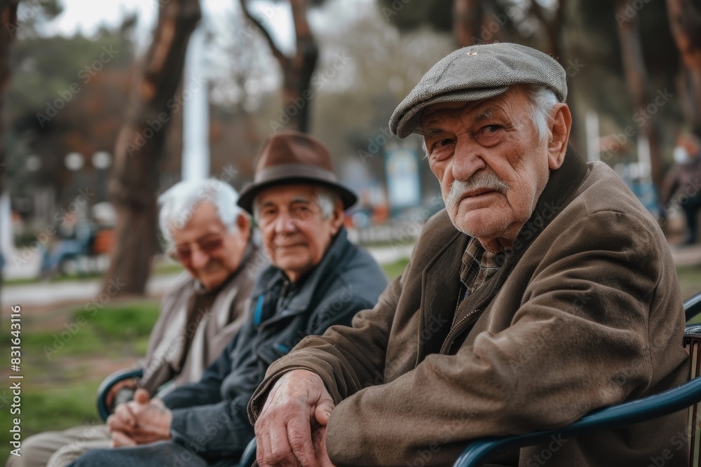 Group of old people sitting on a bench in the park. Selective focus. Group of old people sitting on a bench in the park. Selective focus.