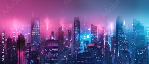 Futuristic cyberpunk skyscrapers colorful pink and blue neon lights color scene