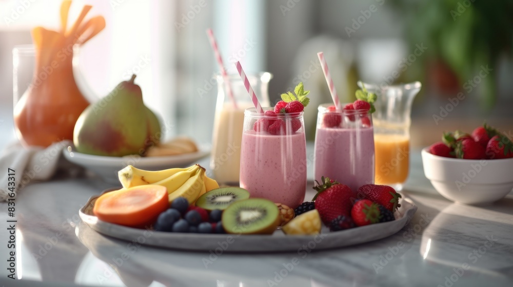 a glass of fruit smoothie surrounded by various types of fresh fruit on the kitchen table.