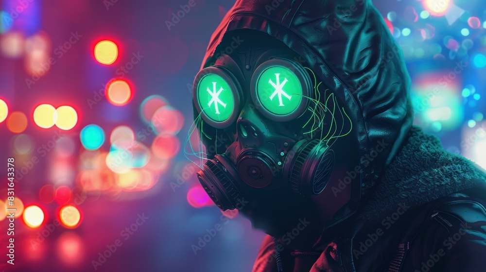 Sci-fi futuristic cyberpunk woman wearing leather jacket with protective gas mask and green glasses Sci-fi futuristic cyberpunk woman wearing leather jacket with protective gas mask and green glasses