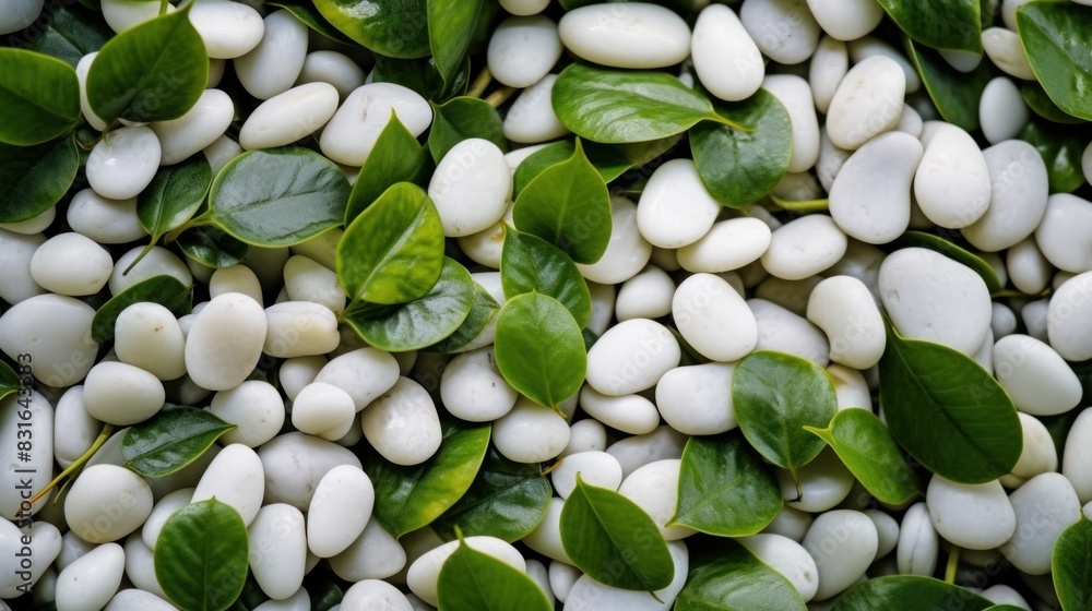a smooth, oval-shaped white stone. Between the stones, there are green leaves that are fresh and look alive. a smooth, oval-shaped white stone. Between the stones, there are green leaves that are fresh and look alive.