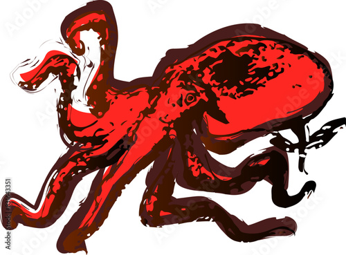 タコの墨絵の和風イラスト