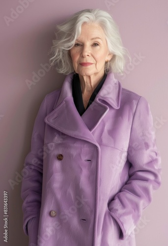 Fashionable older woman poses against purple wall with hands on hips in stylish purple coat © SHOTPRIME STUDIO