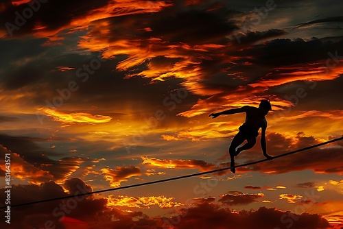 High jump bar suspended in clouds, with a silhouette clearing it against a fiery sunset.