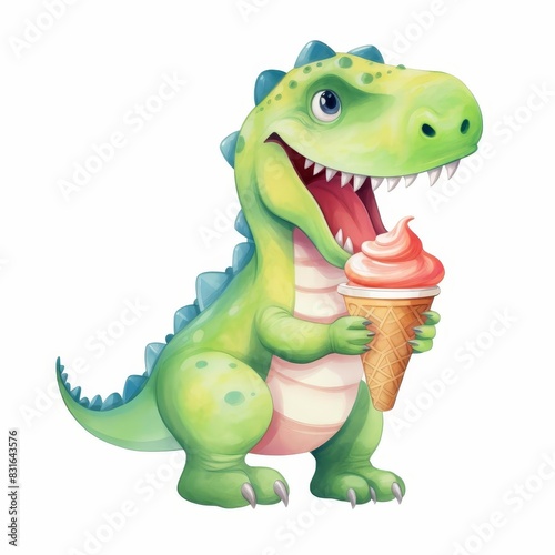 A cute Dinosaur eating shaved ice, watercolor clipart, Isolated on white background © Warunee