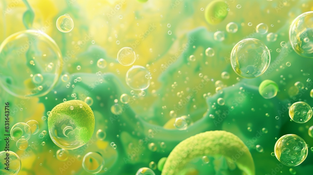 : Abstract background with green and yellow soap bubbles floating in paint, creating a vibrant design.