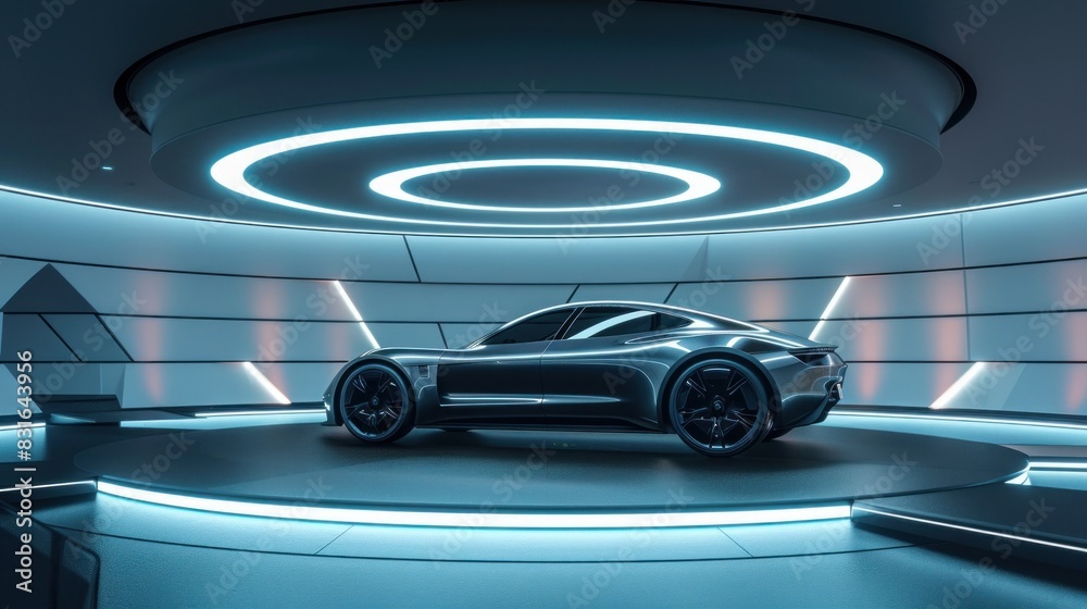 3D rendering futuristic electric car on showroom circular neon light