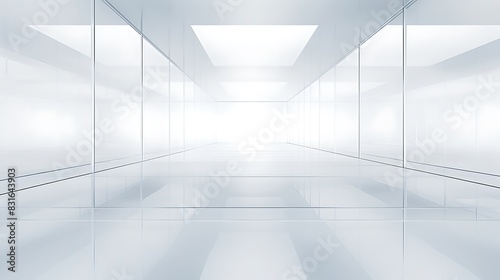 White abstract background indoors. Glass wall and floor reflection. 