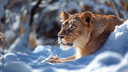 Lion a member of the Felidae family is the second largest cat species playing in the snow photo