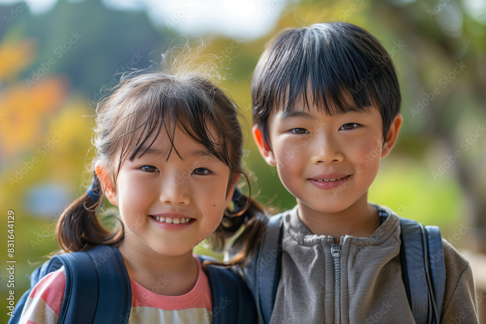Happy Asian Siblings With Backpacks Ready for Back to School or Hike Happy Asian Siblings With Backpacks Ready for Back to School or Hike