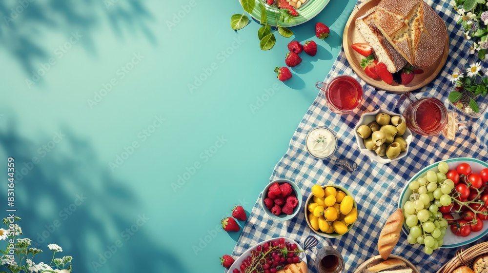 Summer picnic spread with various fresh fruits, bread, and olives on a checkered tablecloth. Perfect for outdoor dining.