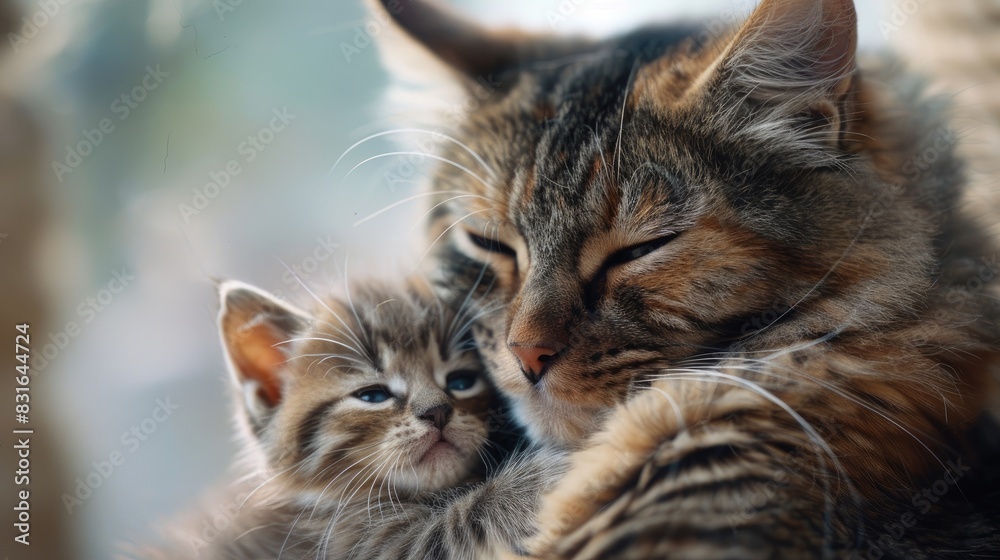 Mother cat embraces her new baby kitten