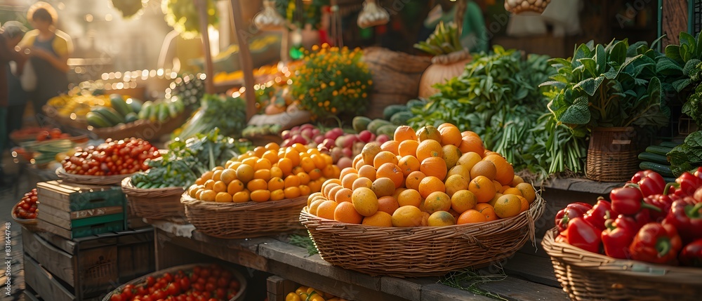 A farmers market stall selling fresh organic produce, including fruits, vegetables, and herbs. The lively atmosphere shows shoppers and vendors interacting. HD realistic look captured by an HD camera