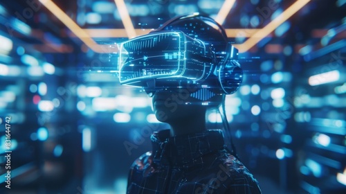 A reporter wearing a headset standing in the middle of a virtual warzone describing the intensity of the situation using holographic projections. photo