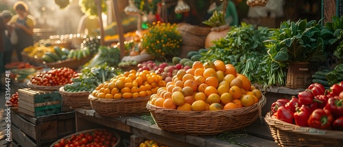 A farmers market stall selling fresh organic produce, including fruits, vegetables, and herbs. The lively atmosphere shows shoppers and vendors interacting. HD realistic look captured by an HD camera