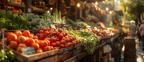 A farmers market stall selling fresh organic produce, including fruits, vegetables, and herbs. The lively atmosphere shows shoppers and vendors interacting. HD realistic look captured by an HD camera