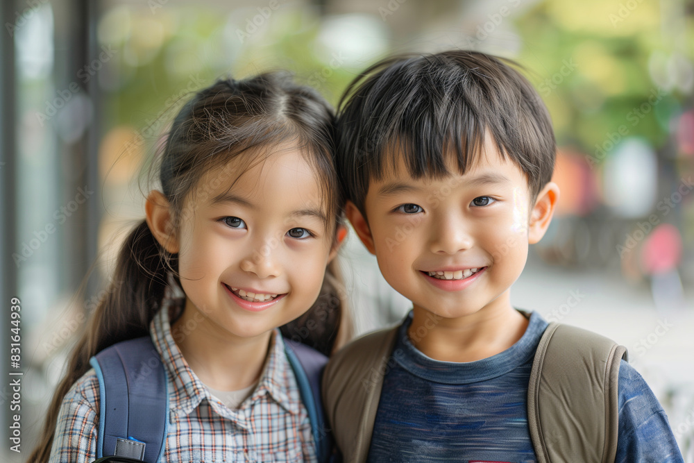 Happy Asian Siblings With Backpacks Ready for Back to School or Hike Happy Asian Siblings With Backpacks Ready for Back to School or Hike