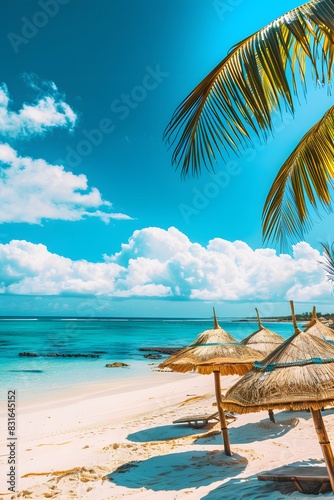 Summer background with frame  nature of tropical golden beach with rays of sun light and leaf palm. Golden sand beach close-up  sea water  blue sky  white clouds. Copy space  summer vacation concept.