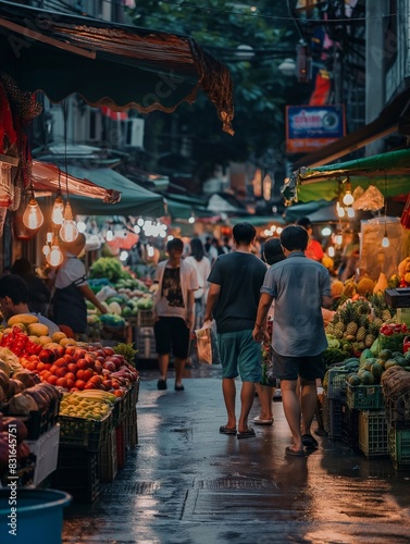 A group of asian people walking in the evening, shopping at street stalls with fruits and vegetables. lively atmosphere of urban life. generative AI