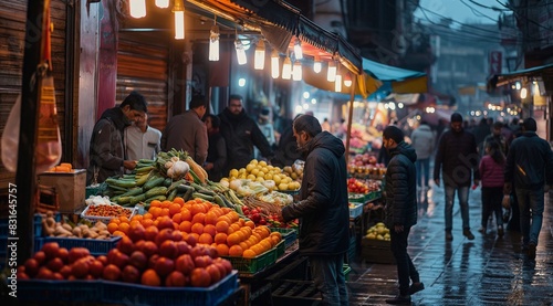 A group of asian people walking in the evening, shopping at street stalls with fruits and vegetables. lively atmosphere of urban life. generative AI